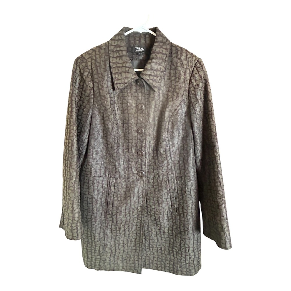Tribal Jacket Women 10 Brown Textured Faux Crocodile Animal Print Stretch Long